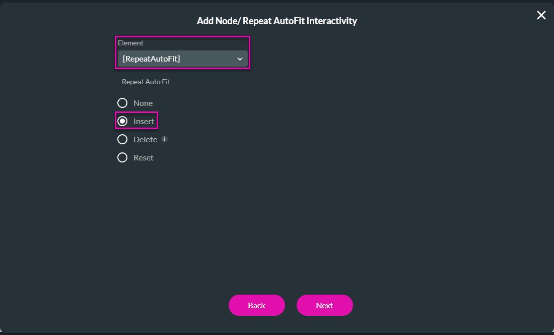 Add Node/Repeat AutoFit Interactivity screen