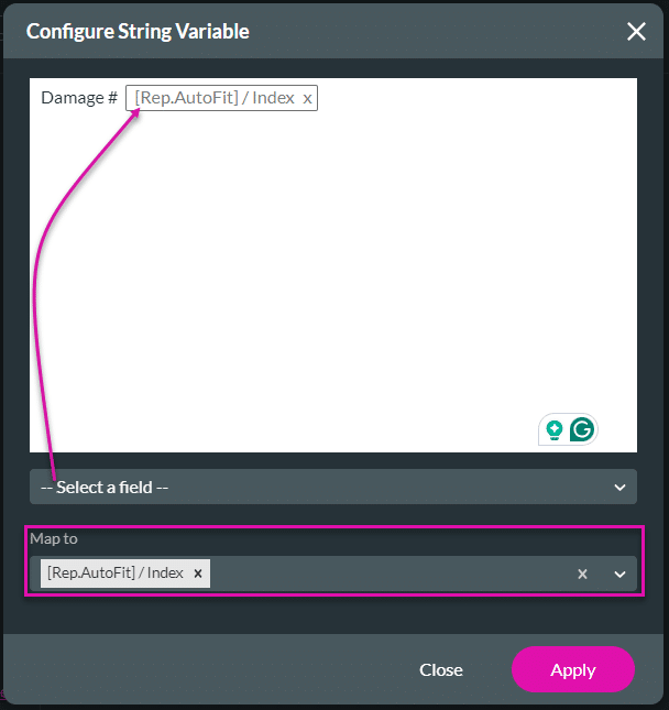 Configure String Variable screen