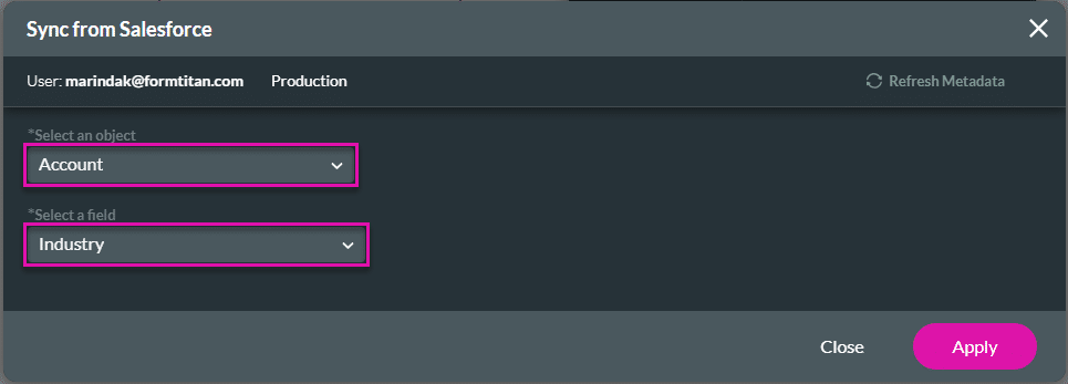 Sync from Salesforce screen