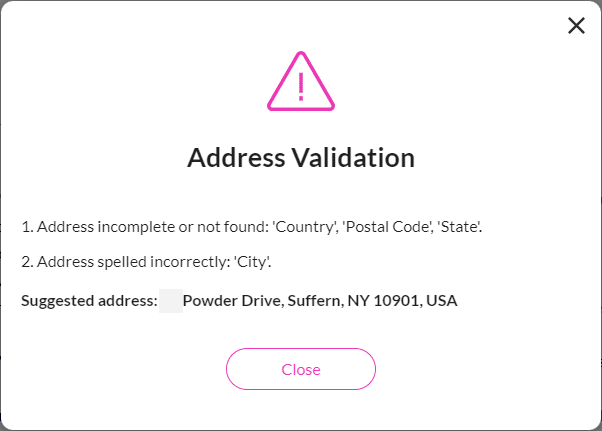 Address validation error message