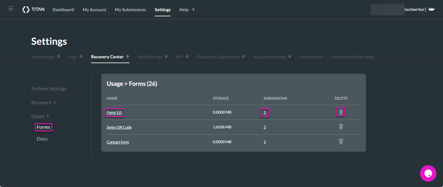Forms Usage screen