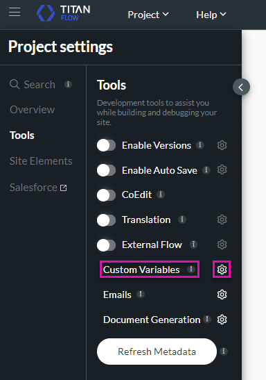 Custom Variables Gear icon