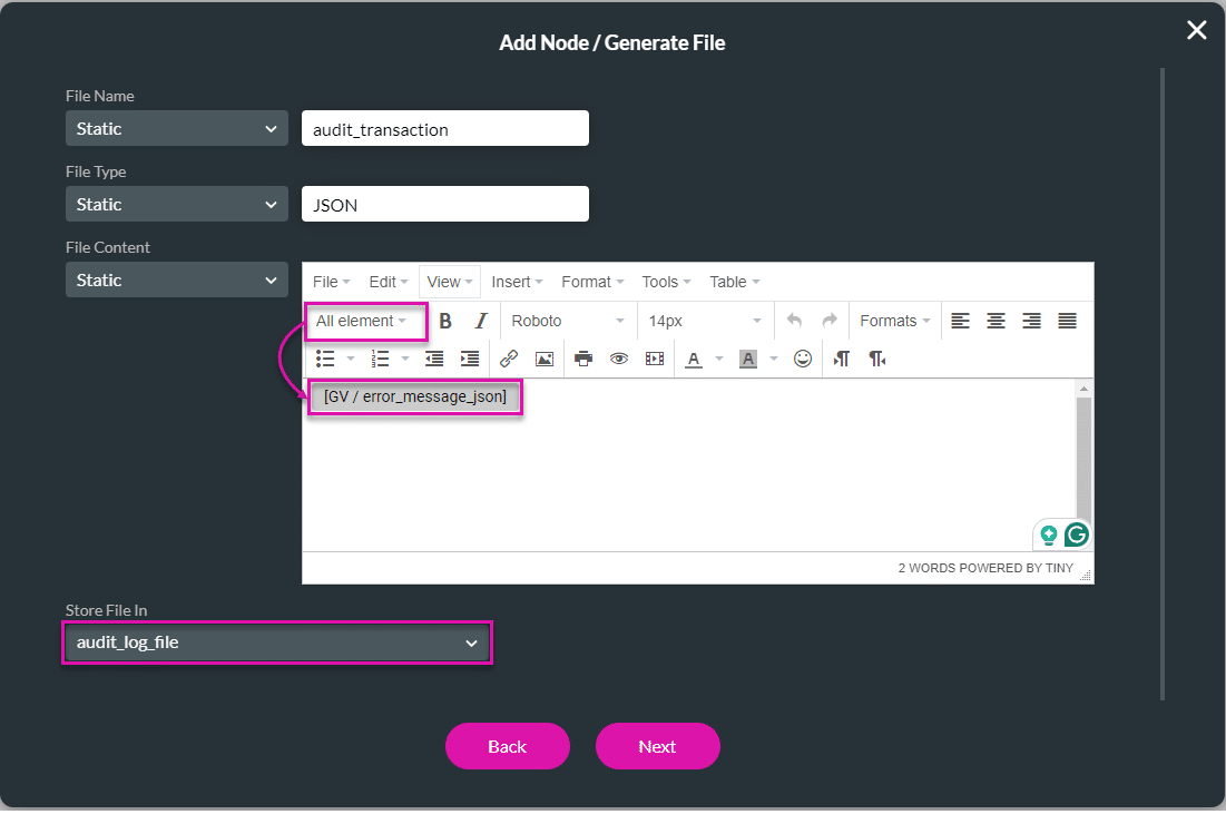 Add Node/Generate File screen