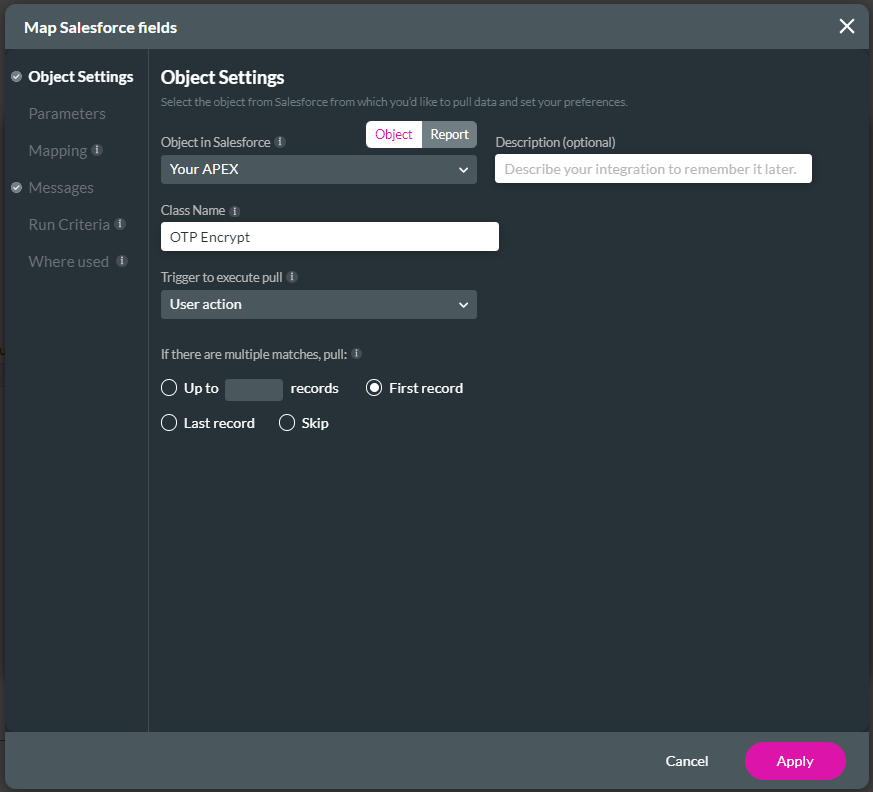 Map Salesforce fields - Object Settings