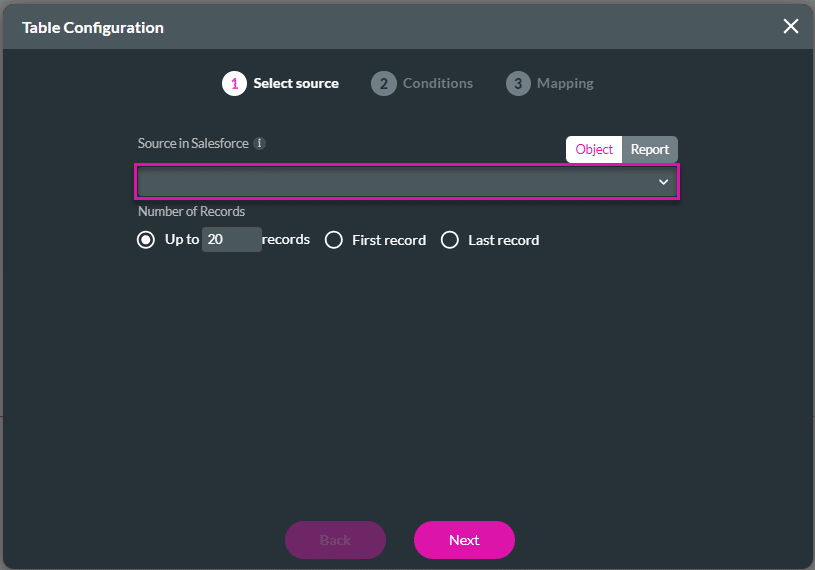 Table Configuration screen > Select source