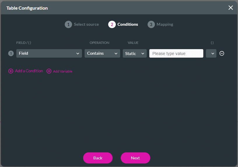 Table Configuration screen > Conditions