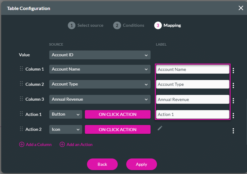 Table Configuration screen > Mapping