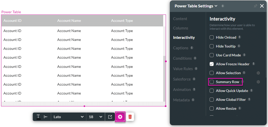 Summary Row checkbox disabled