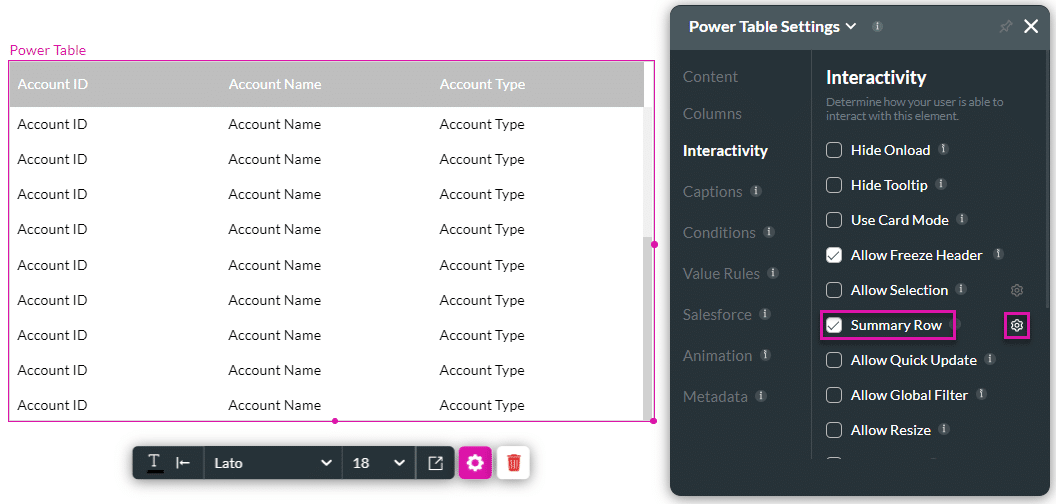 Summary Row checkbox enabled