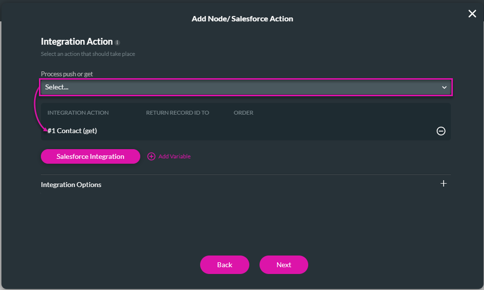 Add Node/Salesforce Action screen