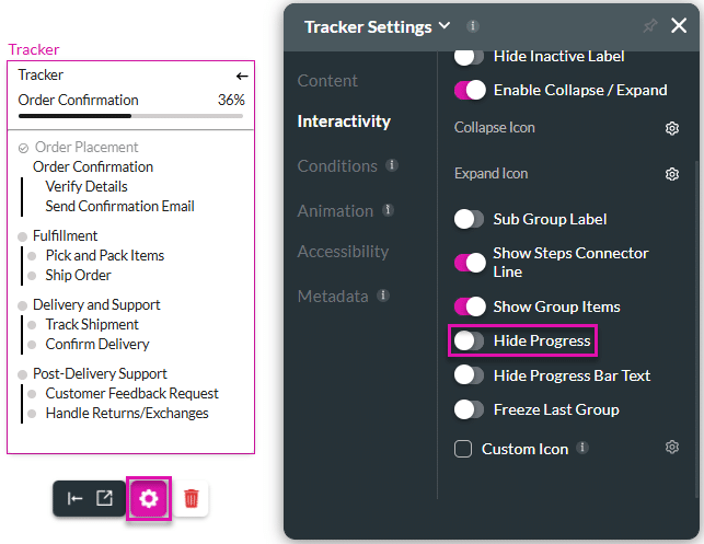 Hide Progress toggle switch disabled