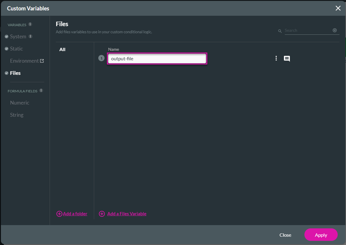 Custom Variables screen
