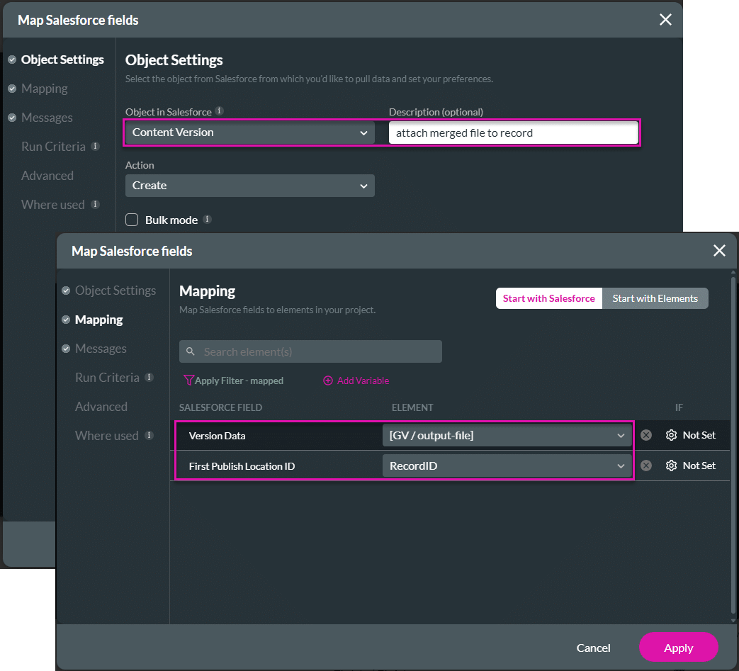 Salesforce Push Action node