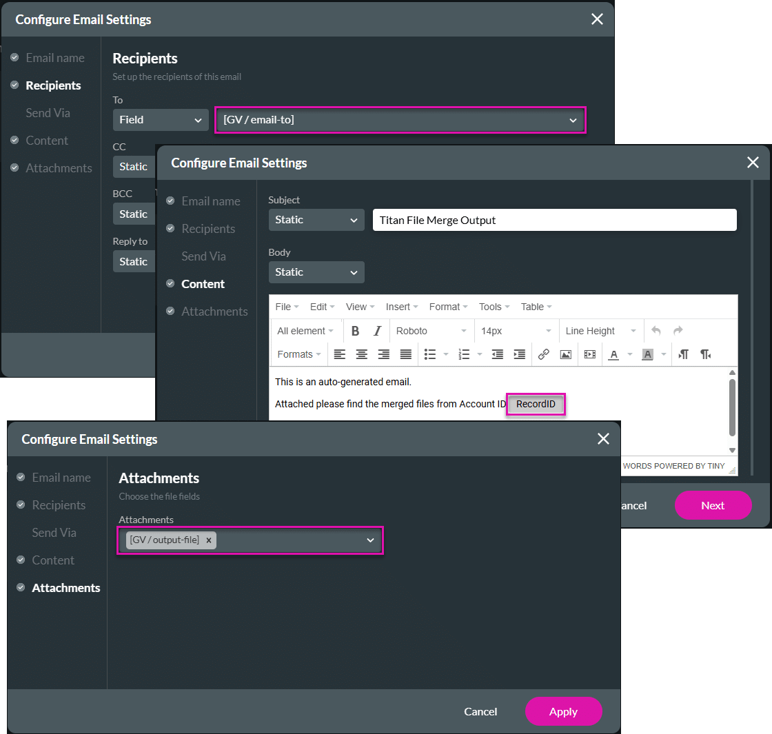 Configure Email Settings screens