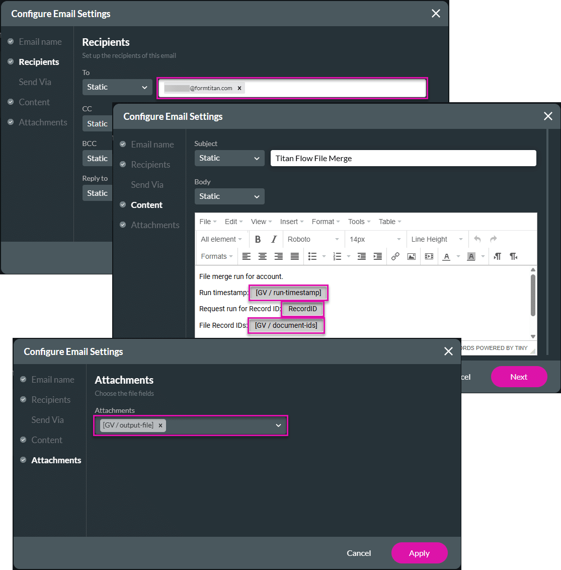 Configure Email Settings screens