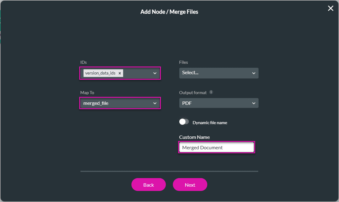 Add Node/Merge Files screen