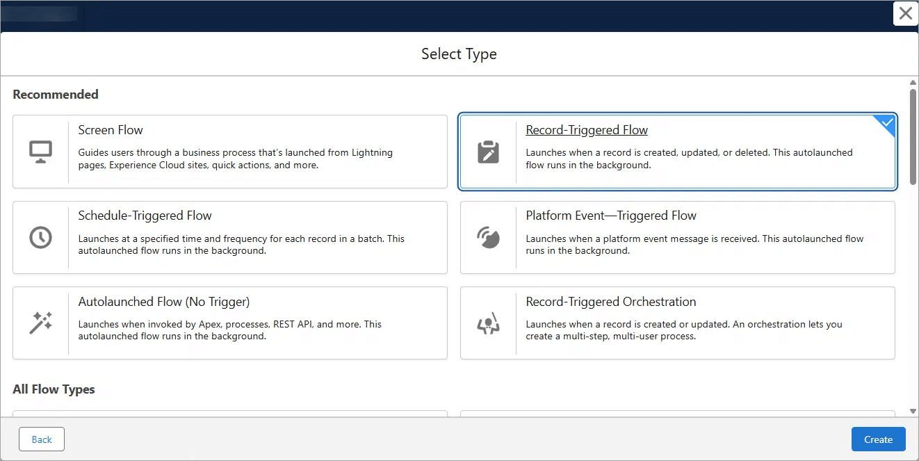 Select Type screen