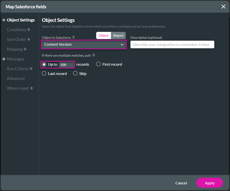 Map Salesforce fields screen