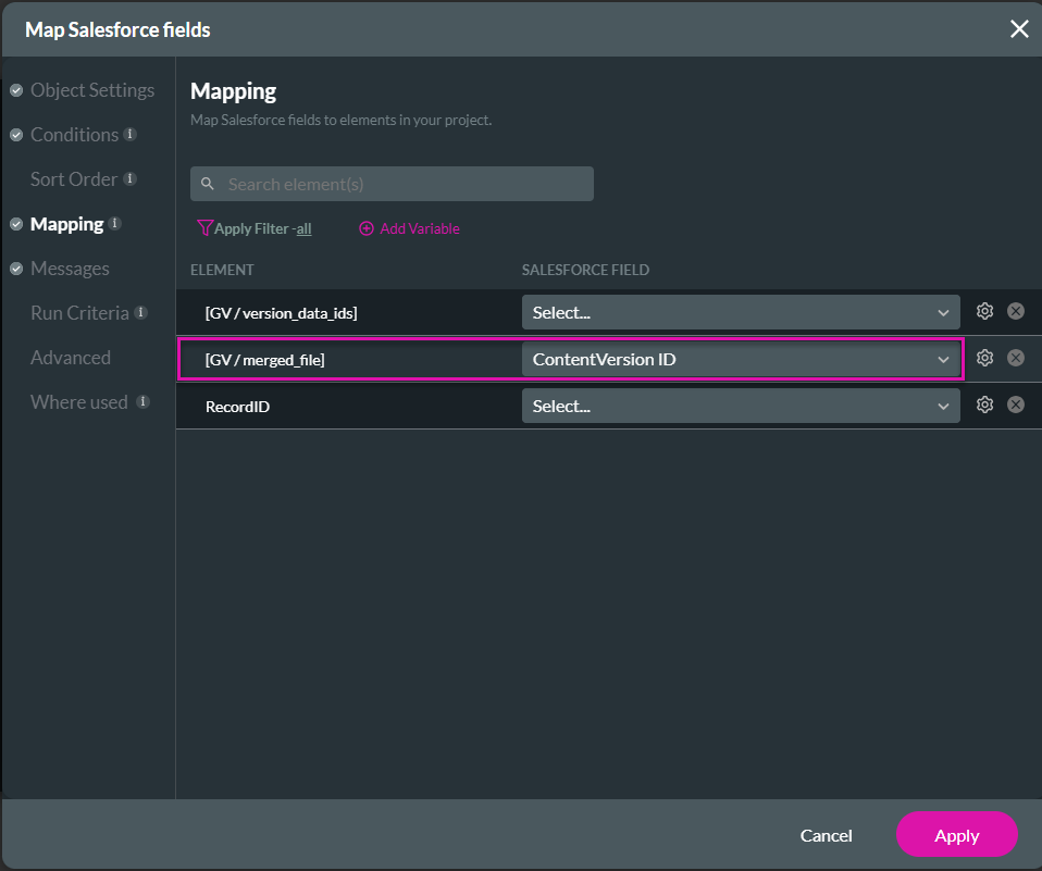 Map Salesforce fields screen