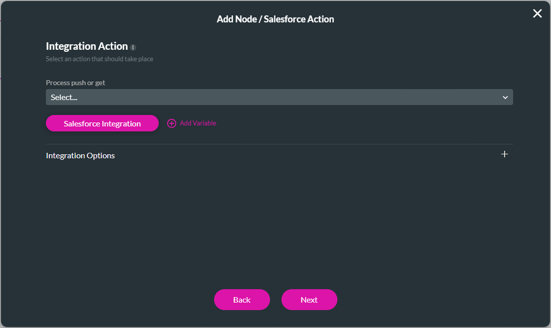 Add Node/Salesforce Action screen