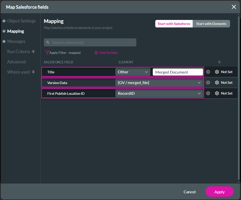 Map Salesforce fields screen