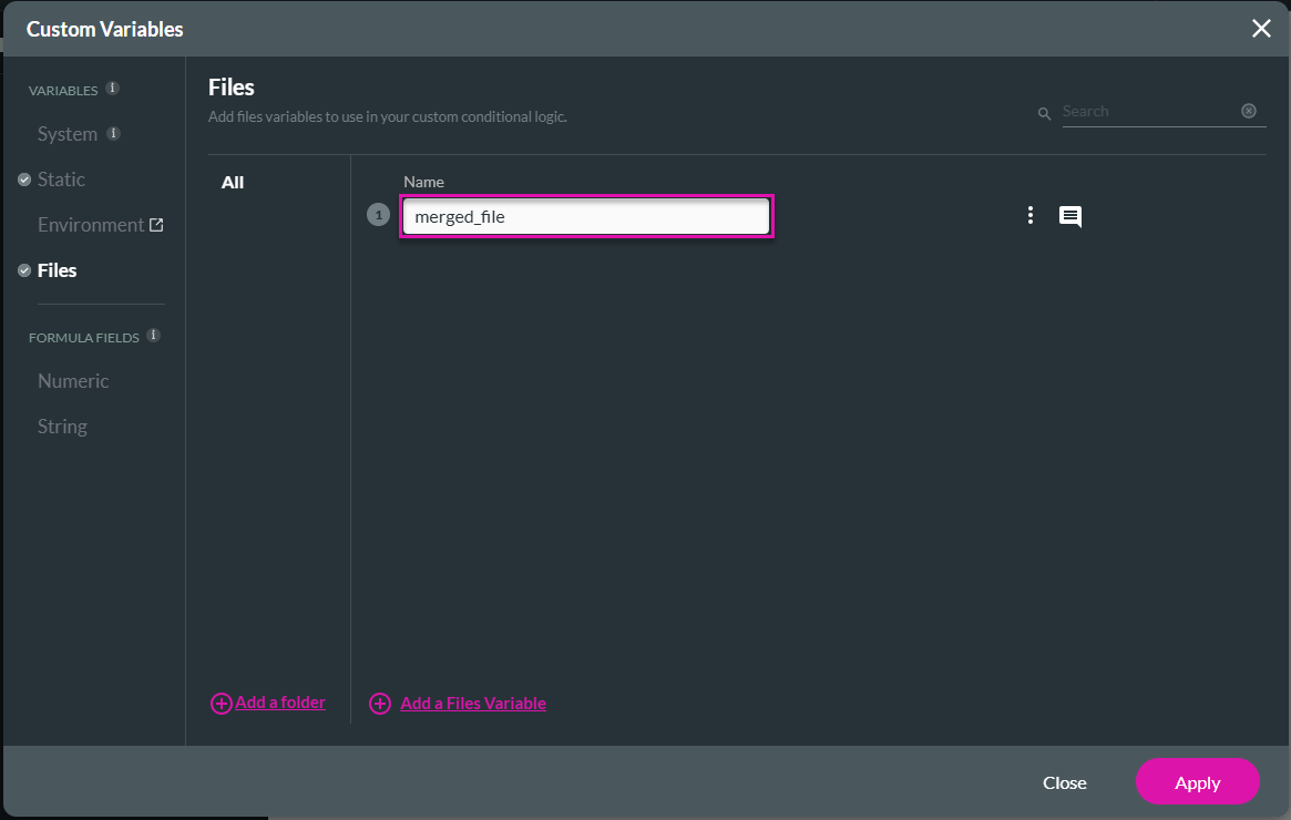 Custom Variables screen