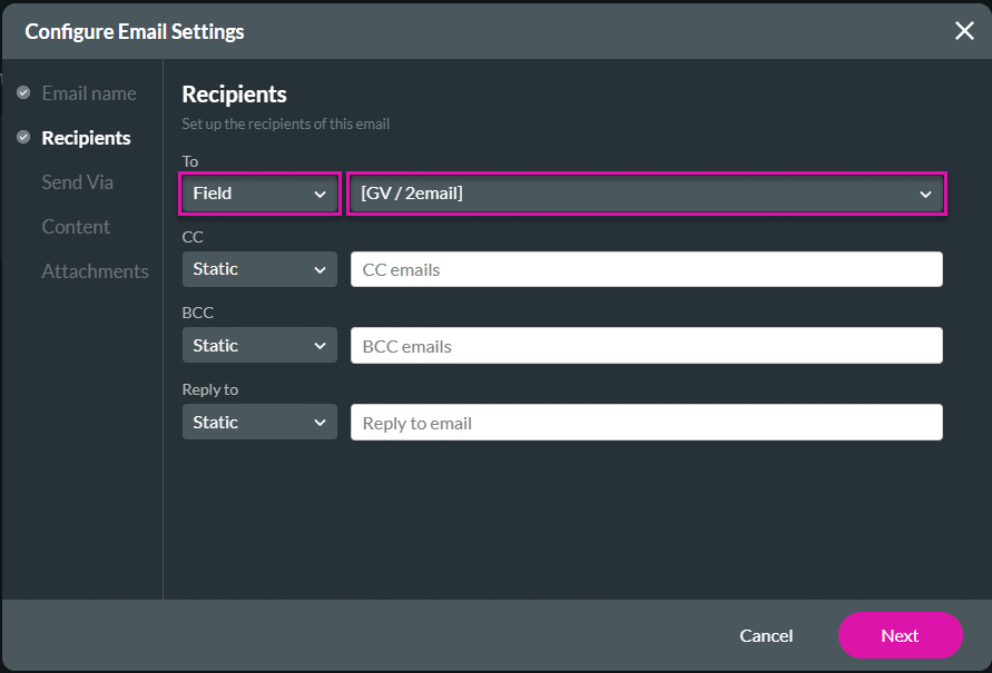 Configure Email Settings screen