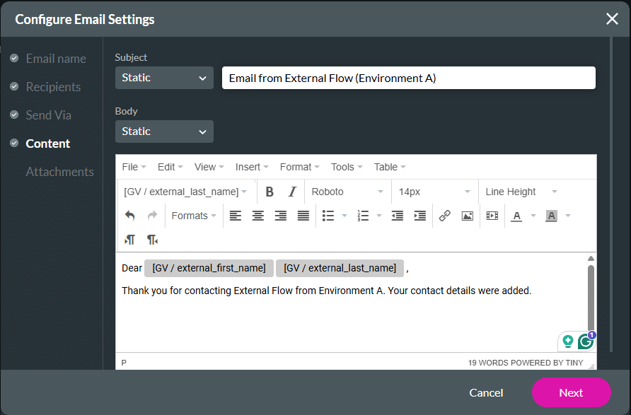 Configure Email Settings screen