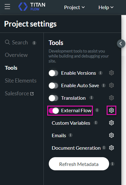 External Flow toggle switch and Gear icon