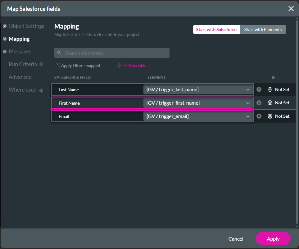 Map Salesforce fields screen