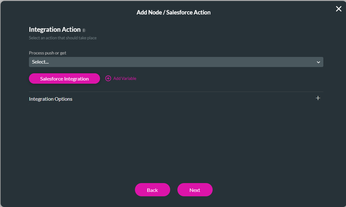 Add Node/Salesforce Action screen