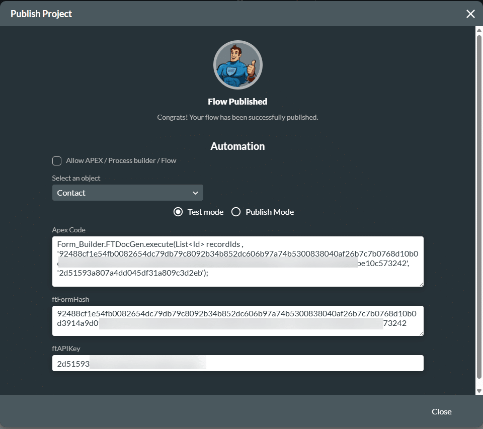 Publish Project screen