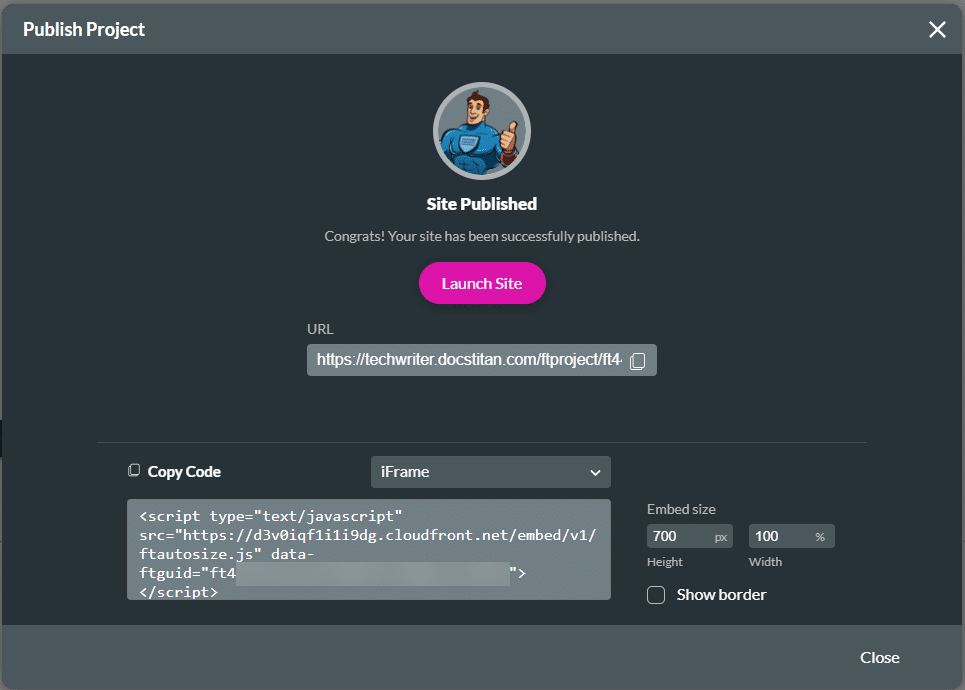Publish Project screen
