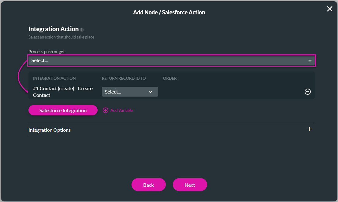 Add Node/Salesforce Action screen