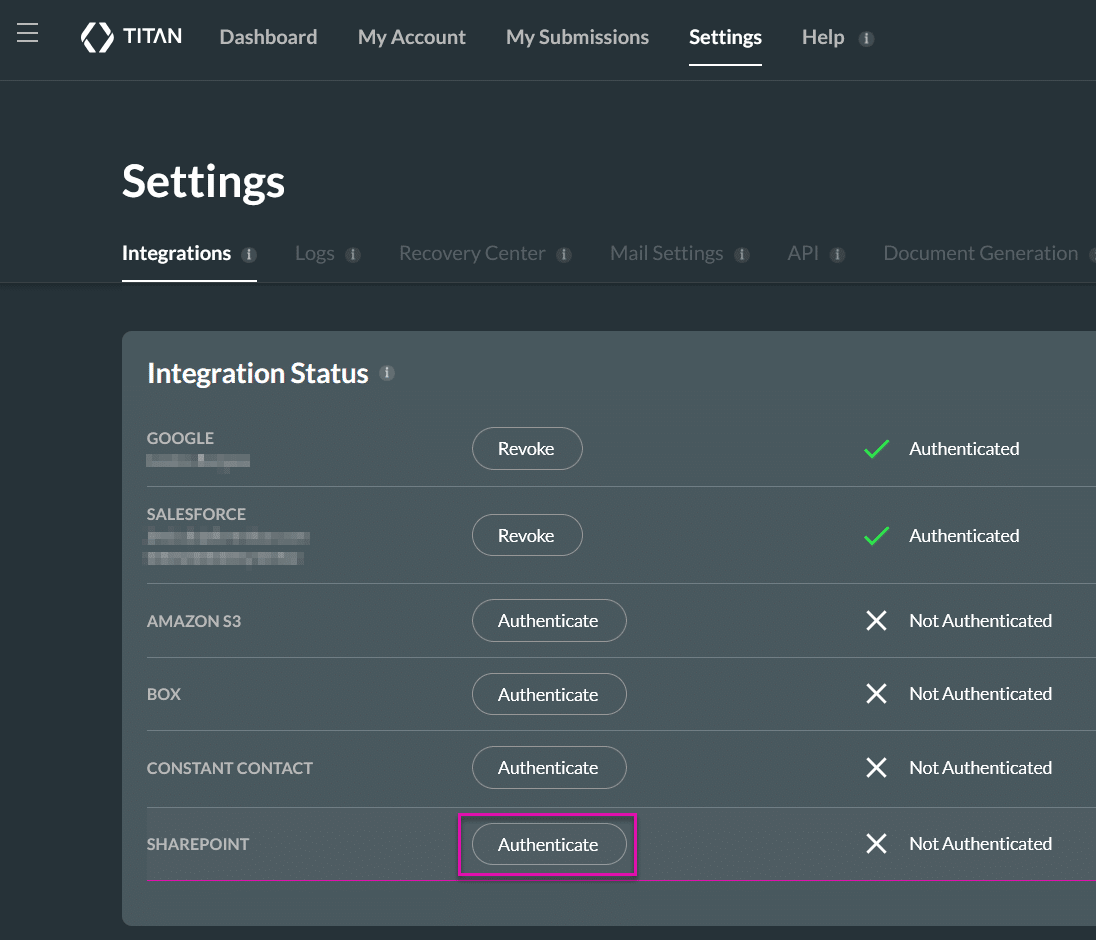 Screenshot of the Settings screen displaying the Integrations tab