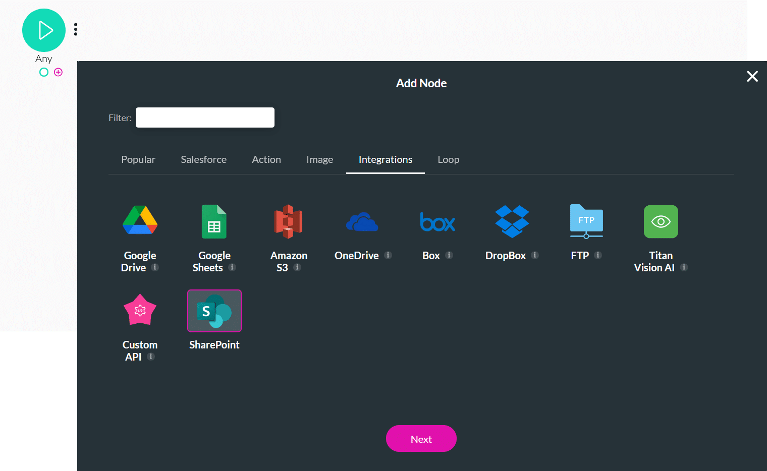 Screenshot displaying Add Node screen with SharePoint highlighted