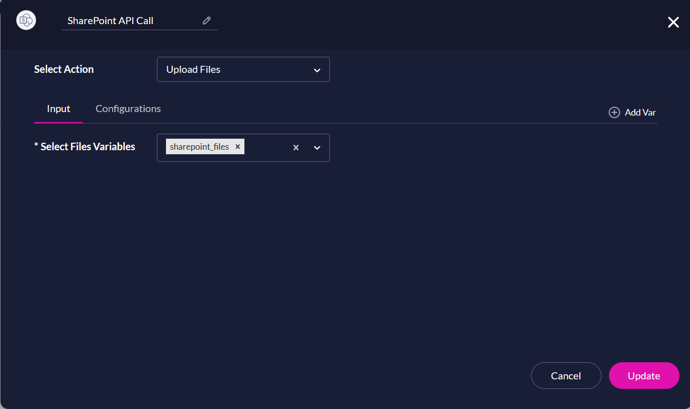 Screenshot displaying the input step of configuring a SharePoint API