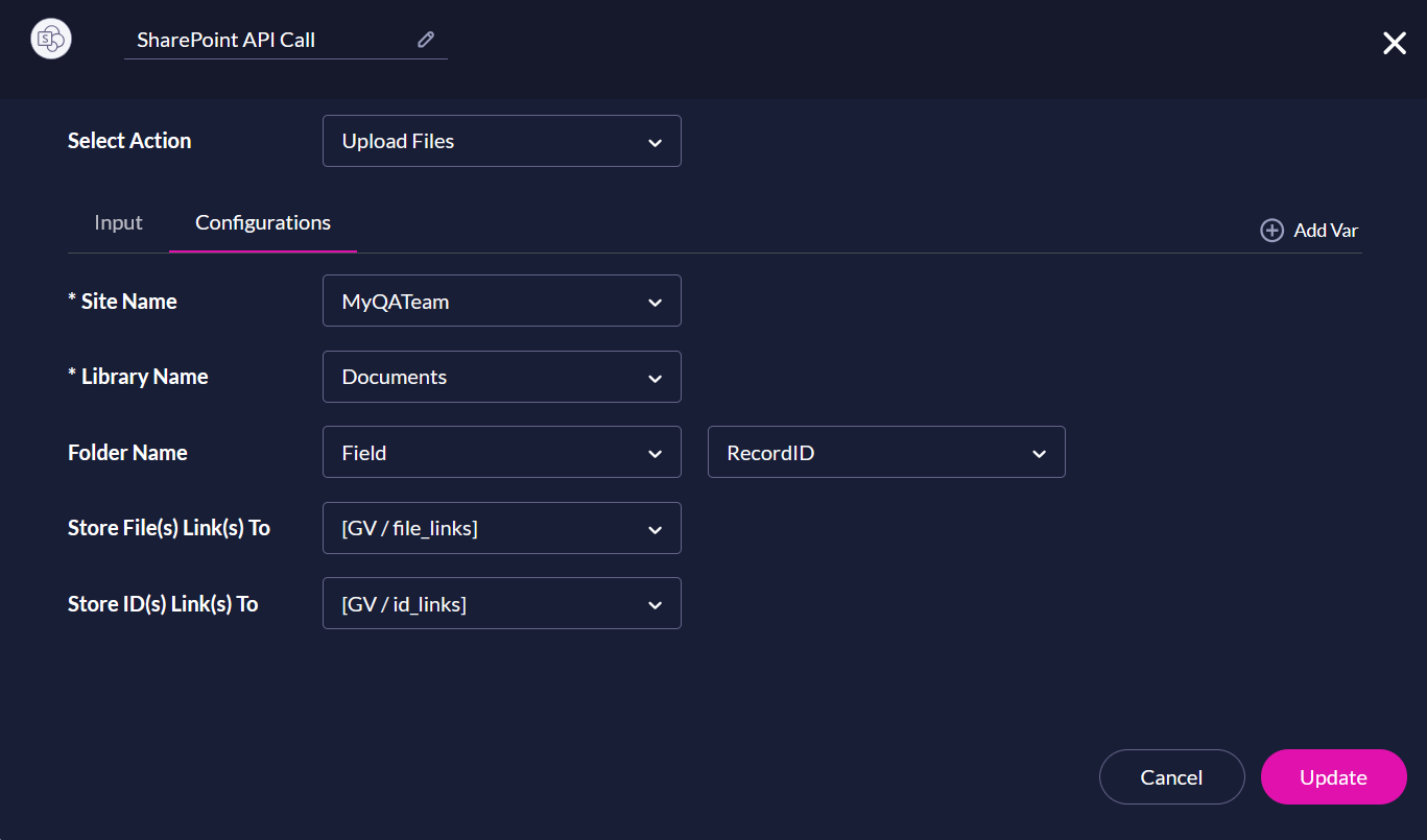Screenshot displaying the configurations step of configuring a SharePoint API
